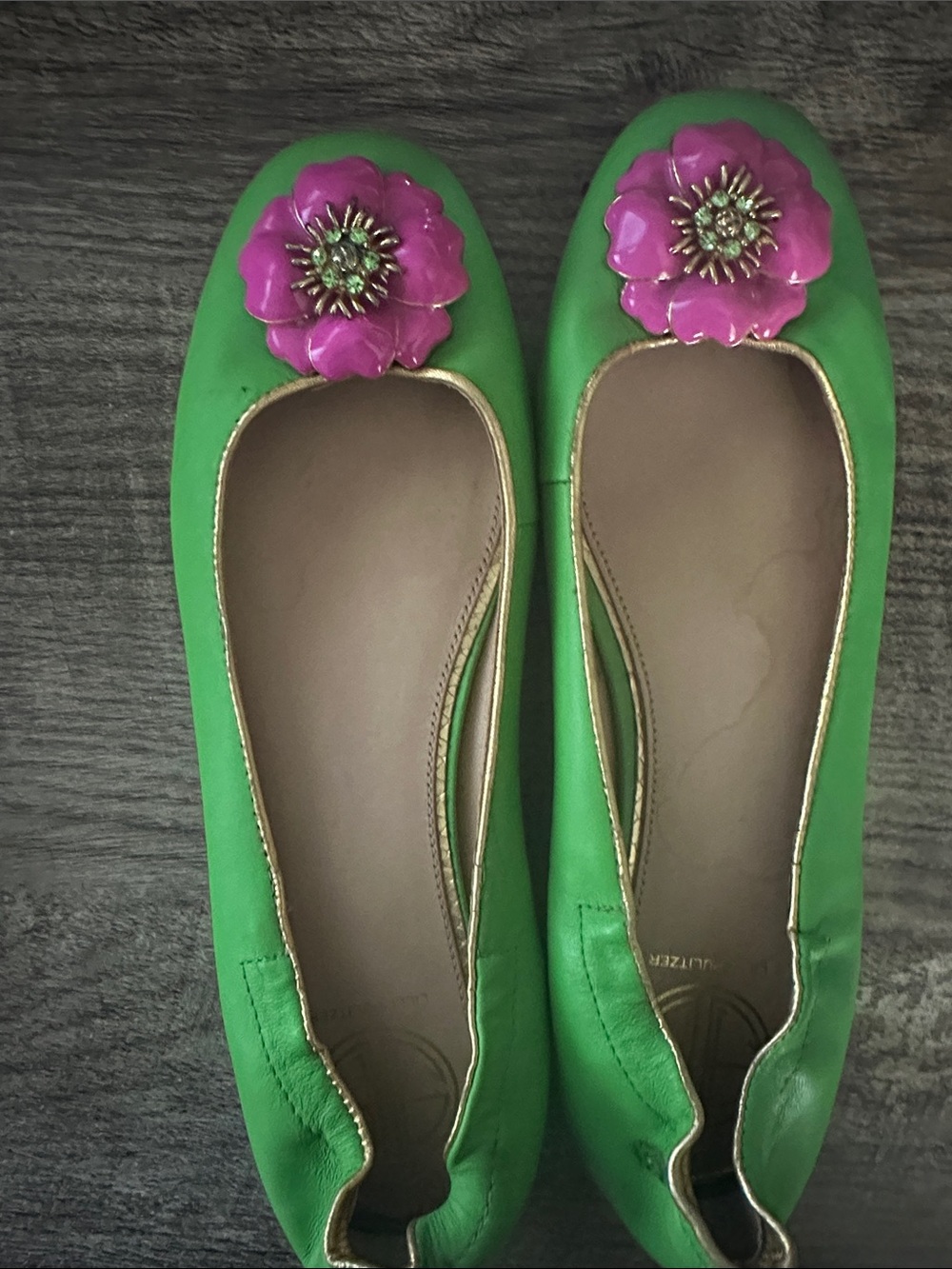 Lilly Pulitzer Green Ballet Flats with Pink Flower and Gold Trim
